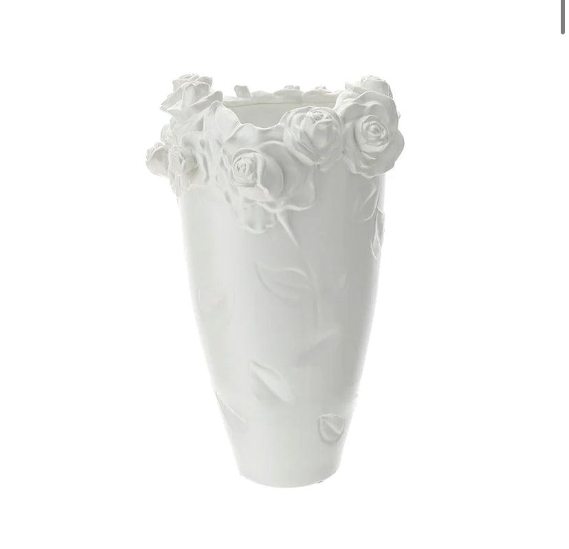 Vaso da tavolo Hervit.Porta fiori con roselline in rilievo gres bianco 35x51 cm
