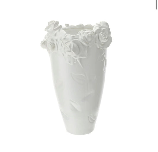 Vaso da tavolo Hervit.Porta fiori con roselline in rilievo gres bianco 35x51 cm